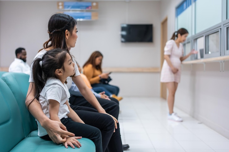 Foto família asiática de pacientes espera na fila para receber remédio no hospital mãe e filha atraentes sentam-se em cadeiras esperando o balcão da farmácia para fornecer serviços aos pacientes no centro médico