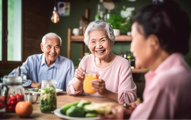 Foto familia asiática feliz brindando con jugo de fruta saludable ia generativa