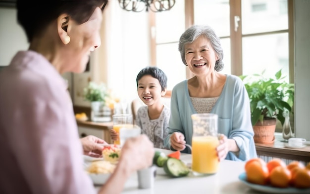 Foto familia asiática feliz brindando con jugo de fruta saludable ia generativa