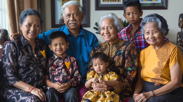 Família asiática feliz de várias gerações sentada juntos no sofá sorrindo para a câmera