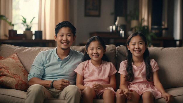 Familia asiática feliz con dos hijos sentados en el sofá en casa viendo televisión generativa ai