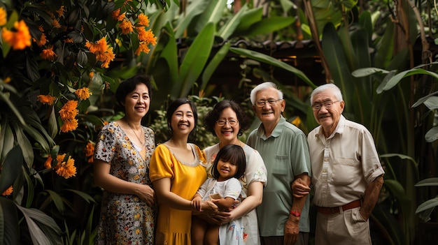 Família asiática feliz num jardim exuberante A família está a sorrir e a abraçar-se o fundo é desfocado e verde