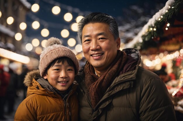 Família asiática feliz pai e filho no mercado de Natal luzes bokeh no fundo