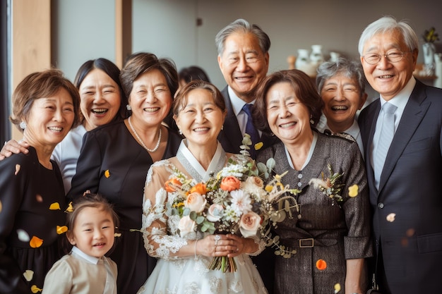 Familia asiática multigeneracional celebrando una ocasión especial juntos sonriendo