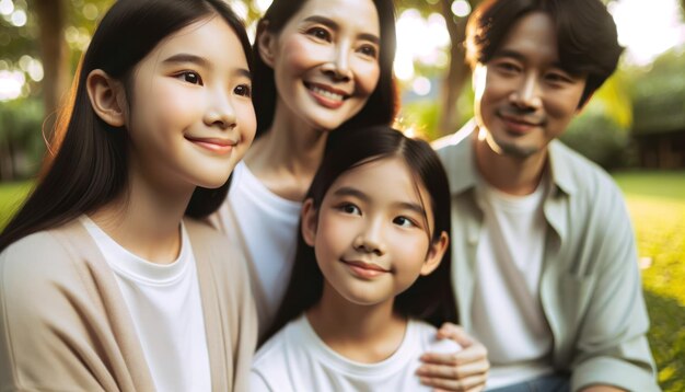 Familia asiática de pie en el césped en un parque