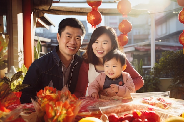 La familia asiática sonriente se reúne para la celebración del Año Nuevo Lunar alegría y risas sobres rojos regalos linternas crean una atmósfera cálida cultura tradicional china en un concepto moderno de Feliz Fiestas