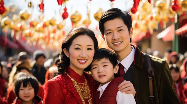 Foto família asiática sorridente se reúne para a celebração do ano novo lunar alegria e risos envelopes vermelhos presentes lanternas criam uma atmosfera calorosa cultura tradicional chinesa em um conceito moderno de férias felizes