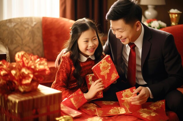 Foto família asiática sorridente se reúne para a celebração do ano novo lunar alegria e risos envelopes vermelhos presentes lanternas criam uma atmosfera calorosa cultura tradicional chinesa em um conceito moderno de férias felizes