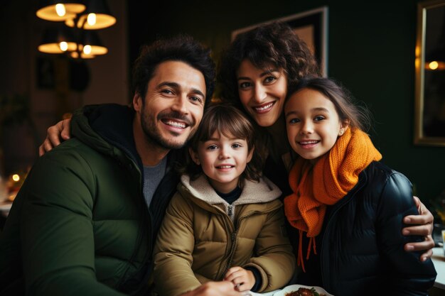 Família asiática sorrindo e tirando uma selfie