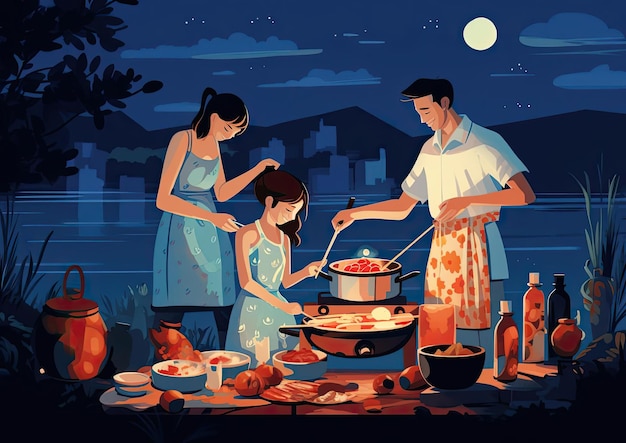 una familia asiática tradicional que prepara una barbacoa por la noche al estilo del diseño gráfico inspirado