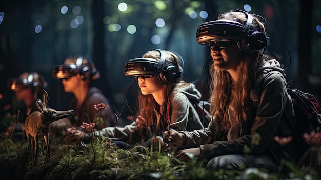 família assistindo filme em fones de ouvido de dispositivo de realidade virtual VR no parque florestal com animais