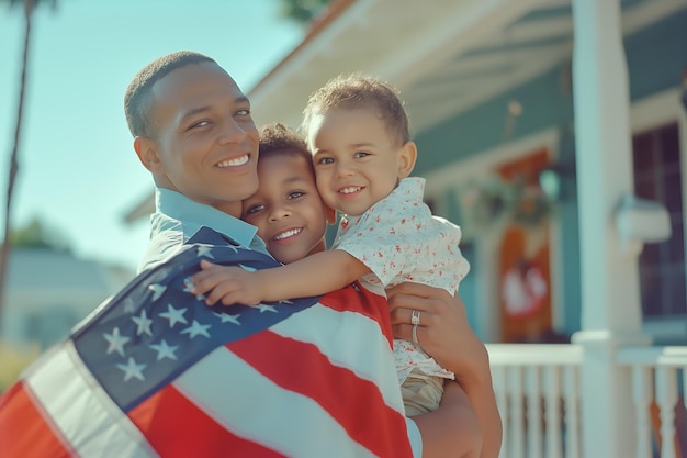 Foto familia con bebé sostiene la bandera estadounidense en el porche de la casa estadounidense 4 de julio celebración del día de la independencia