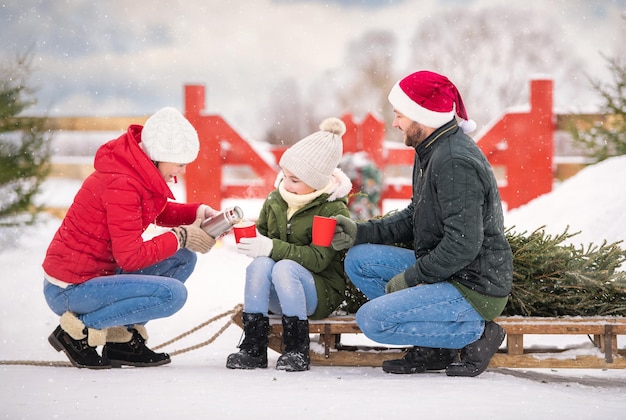 Família bebendo chá para se aquecer em um trenó com uma árvore de Natal em um inverno nevado lá fora