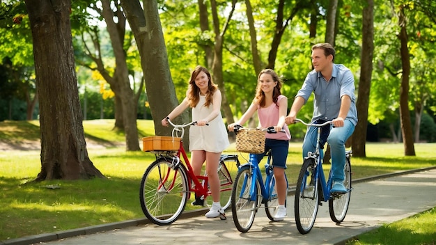 Familia con una bicicleta en un parque de verano