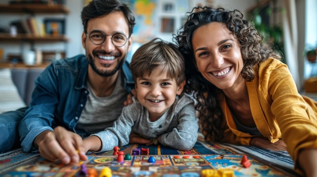 Foto família biracial desfrutando de jogos de tabuleiro no chão da sala de estar peças de jogo espalhadas luz da noite lança um tom dourado o riso enche o ar ai generative