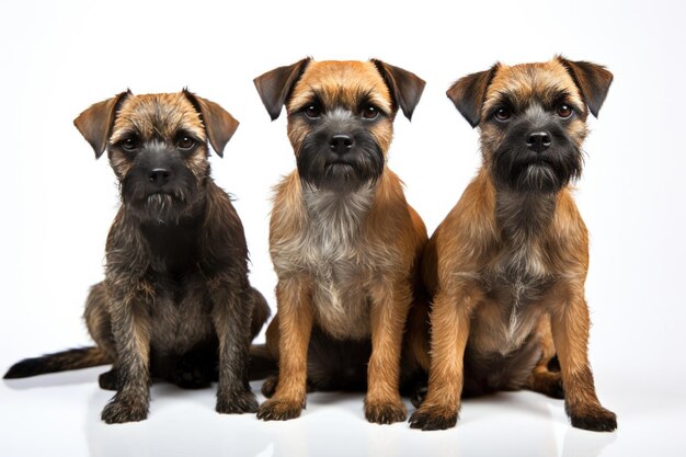 Familia de Border Terrier Cuatro perros sentados sobre un fondo blanco