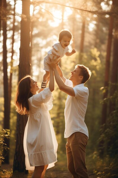 Foto una familia en el bosque con un bebé en sus hombros