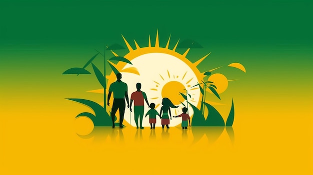 Familia brasileña celebrando el Día de la Independencia en colores amarillo y verde