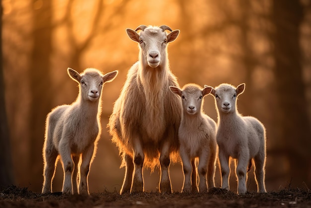 Familia de cabras blancas con tres cachorros