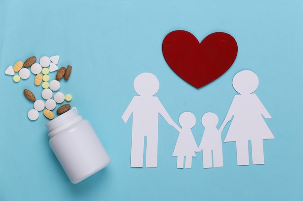 Familia de cadena de papel, botella de píldoras y corazón rojo sobre azul, concepto de seguro médico