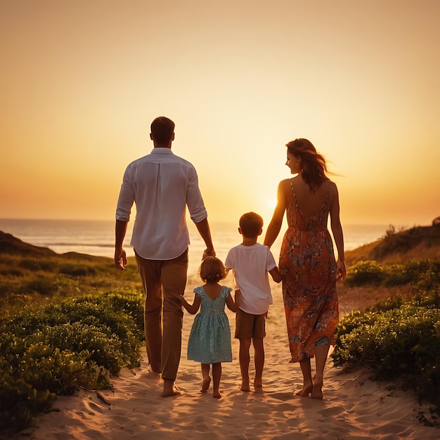 una familia camina por un camino hacia el océano al atardecer