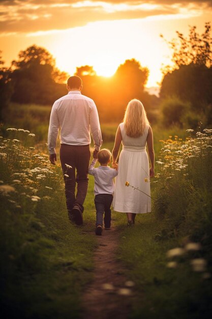 Foto una familia camina por un camino con el sol detrás de ellos