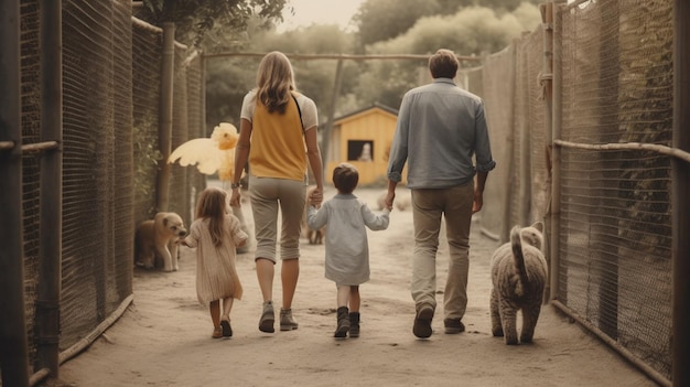 Una familia camina por un camino de tierra con un perro y una casa amarilla detrás de ellos.