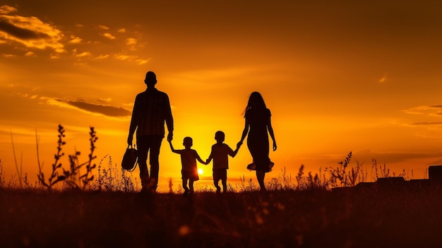 Una familia camina en un campo al atardecer.