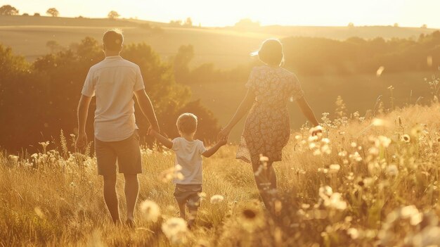 una familia camina por un campo con las manos en el aire