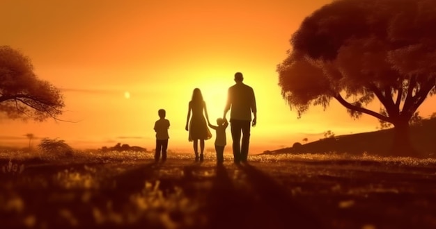 Una familia camina frente a una puesta de sol.