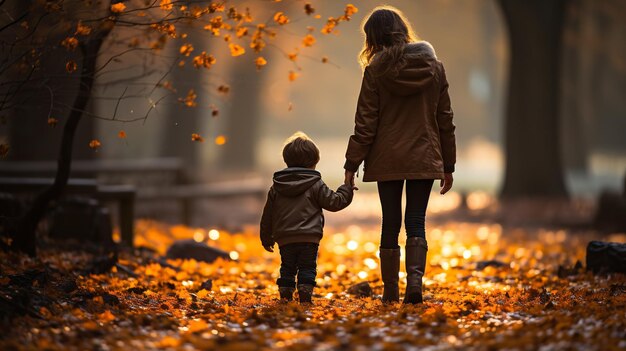 una familia camina junta en un parque al aire libre en otoño, los árboles llevan hojas de color naranja