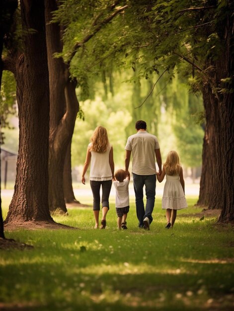 Foto una familia camina por un parque con un hombre y una mujer tomados de la mano