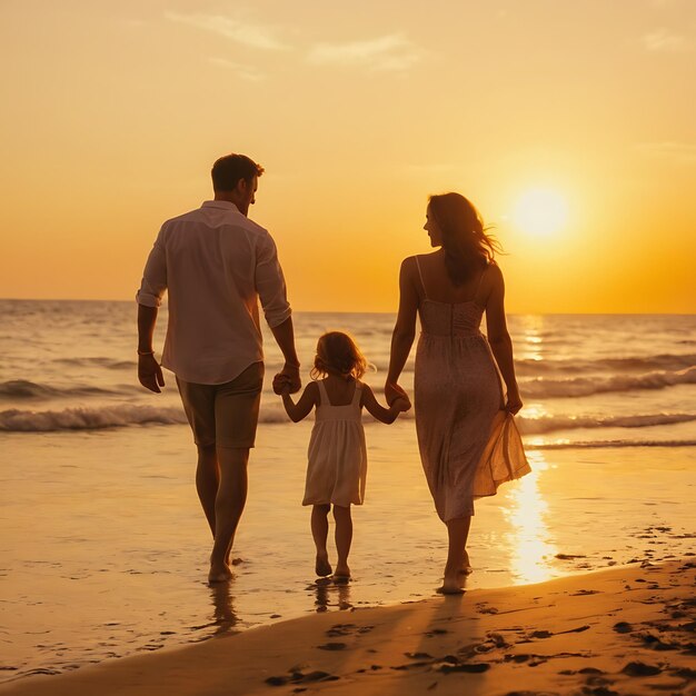 una familia camina por la playa al atardecer