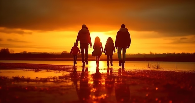 Una familia camina por la playa al atardecer.