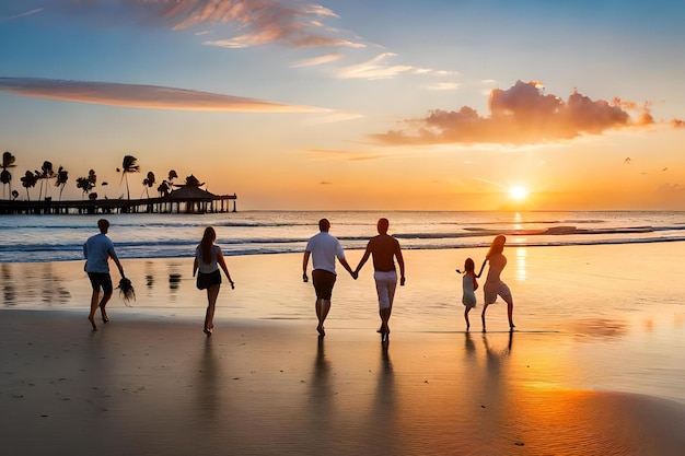 Una familia camina en una playa al atardecer.