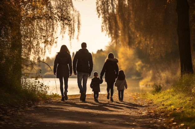 Una familia camina por un sendero en el bosque.