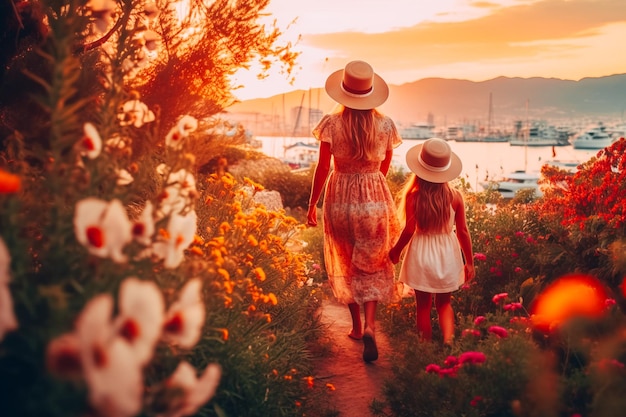 Familia caminando al atardecer Madre e hija caminando por la playa al atardeecer