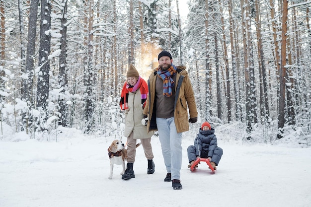 Familia caminando en el bosque de invierno