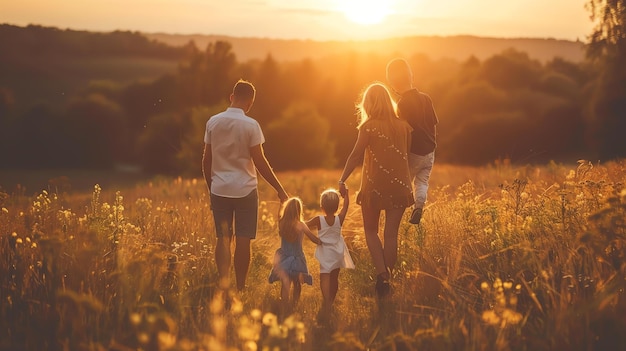 Foto una familia está caminando en un campo de hierba alta el sol se está poniendo y el cielo es de un cálido color dorado