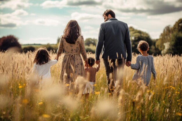 Familia caminando por el campo