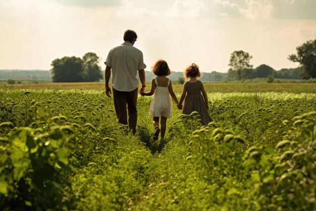 Familia caminando por el campo