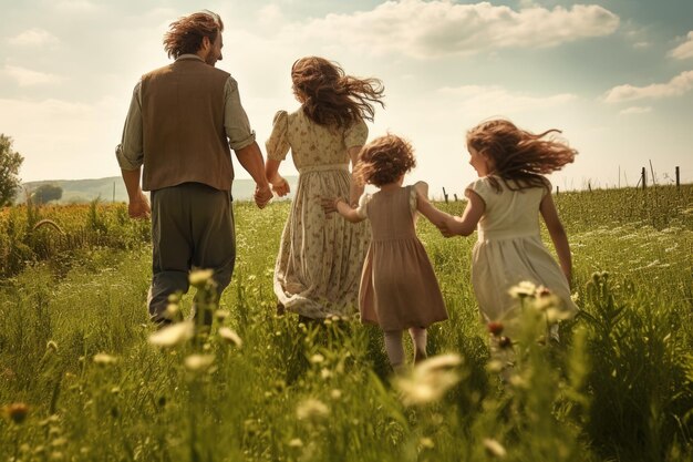 Familia caminando por el campo