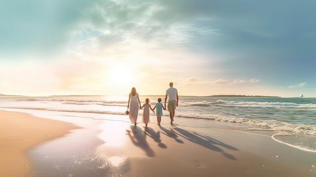 Familia caminando en una playa al atardecer