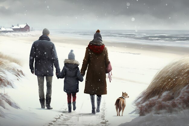 Familia caminando en la playa de invierno