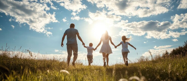 Familia caminando hacia la puesta de sol