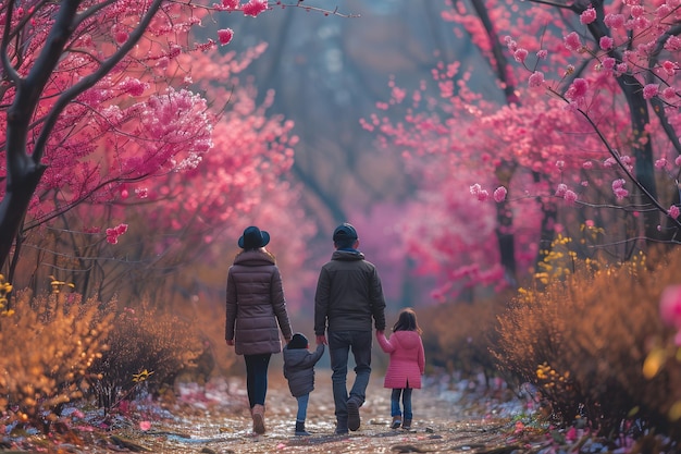 Familia caminando por un sendero en el bosque