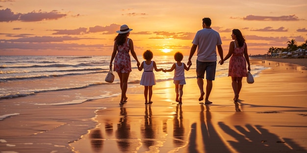 Foto família caminha na praia ao pôr do sol