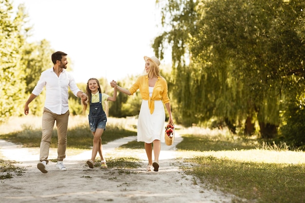 Família caminhando juntos de mãos dadas na natureza fazendo piquenique