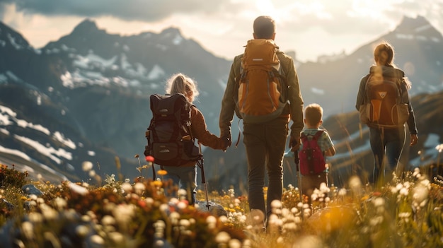 Família caminhando juntos nas montanhas