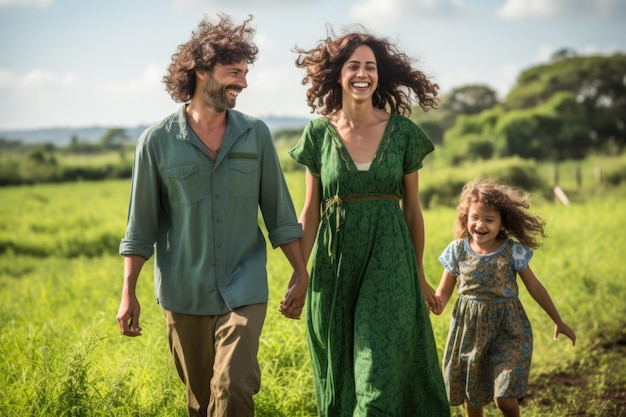 Foto família caminhando pelo campo